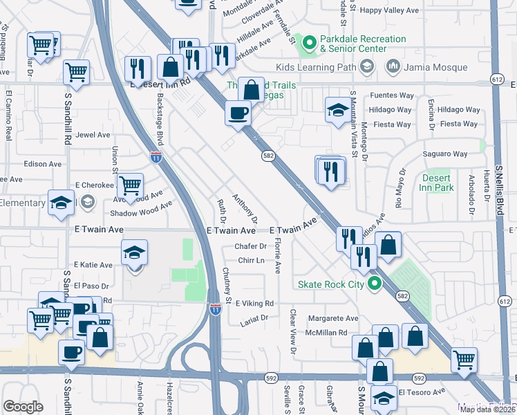 map of restaurants, bars, coffee shops, grocery stores, and more near 3666 Anthony Drive in Las Vegas