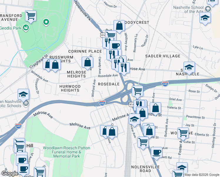map of restaurants, bars, coffee shops, grocery stores, and more near 2239C Kline Avenue in Nashville