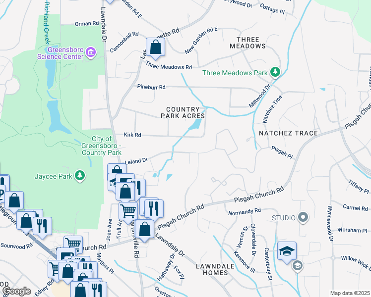map of restaurants, bars, coffee shops, grocery stores, and more near 307 Leland Drive in Greensboro