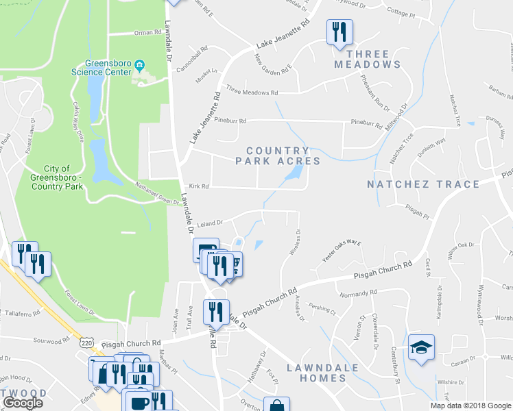 map of restaurants, bars, coffee shops, grocery stores, and more near 211 Leland Drive in Greensboro