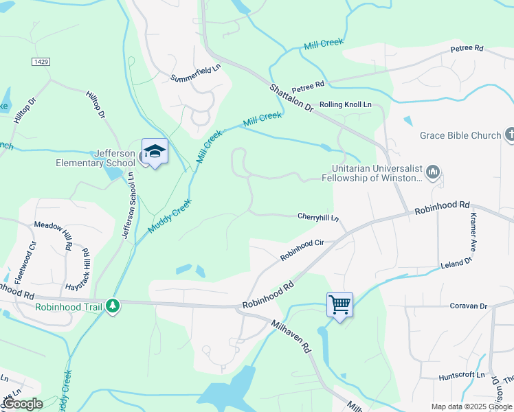 map of restaurants, bars, coffee shops, grocery stores, and more near 4600 Cherryhill Lane in Winston-Salem