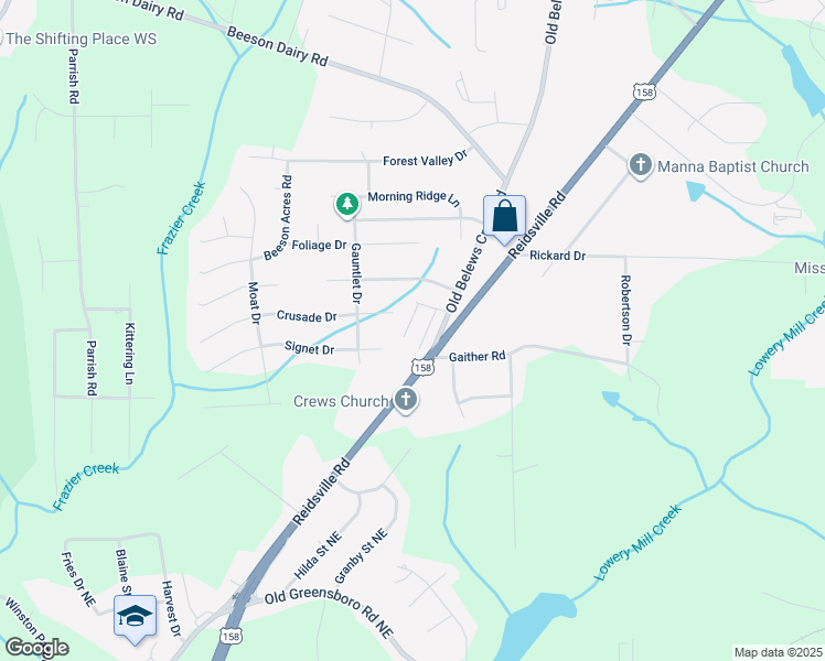 map of restaurants, bars, coffee shops, grocery stores, and more near 135 Stillmere Court in Winston-Salem