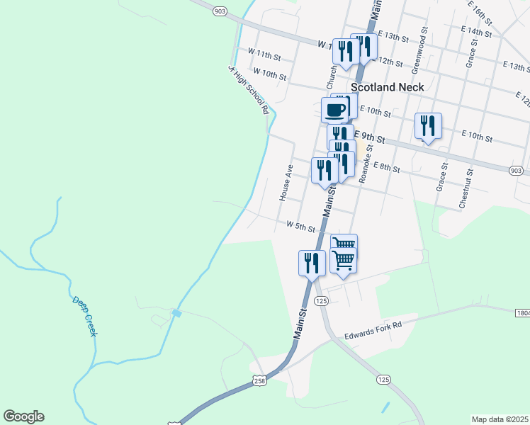 map of restaurants, bars, coffee shops, grocery stores, and more near 326 West 5th Street in Scotland Neck