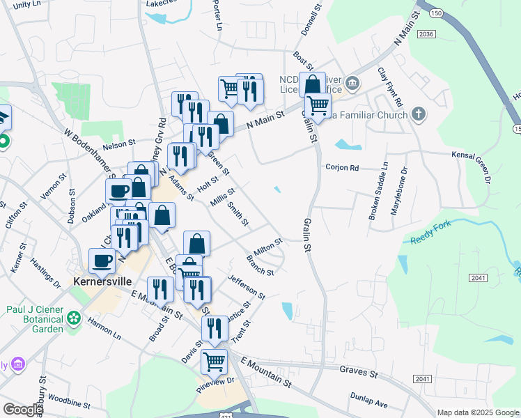 map of restaurants, bars, coffee shops, grocery stores, and more near 223 Green Street in Kernersville