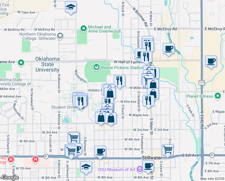 map of restaurants, bars, coffee shops, grocery stores, and more near 117 South West Street in Stillwater