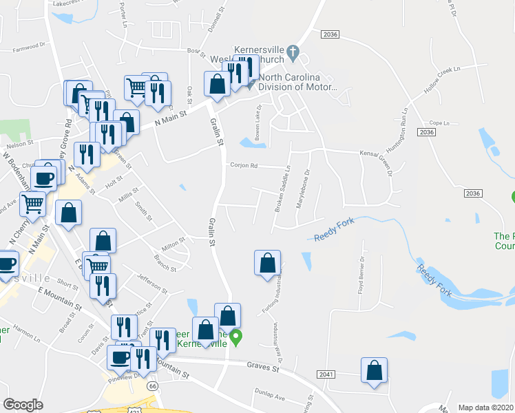 map of restaurants, bars, coffee shops, grocery stores, and more near 299 Tar Heel Lane in Kernersville