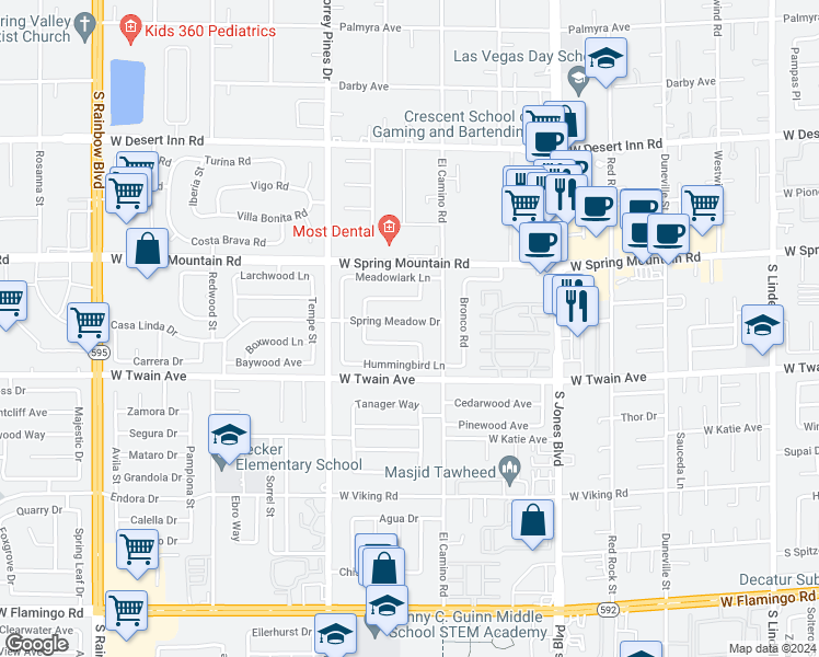 map of restaurants, bars, coffee shops, grocery stores, and more near 6357 Spring Meadow Drive in Las Vegas