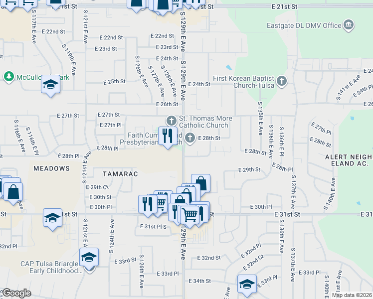 map of restaurants, bars, coffee shops, grocery stores, and more near 12903 East 28th Place in Tulsa