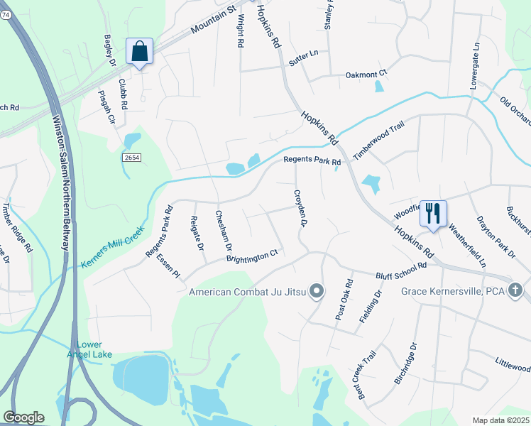 map of restaurants, bars, coffee shops, grocery stores, and more near 201 Kelvdon Drive in Kernersville