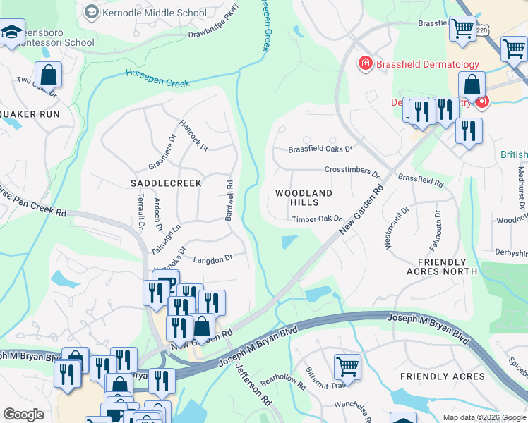 map of restaurants, bars, coffee shops, grocery stores, and more near 3709 Timber Oak Drive in Greensboro