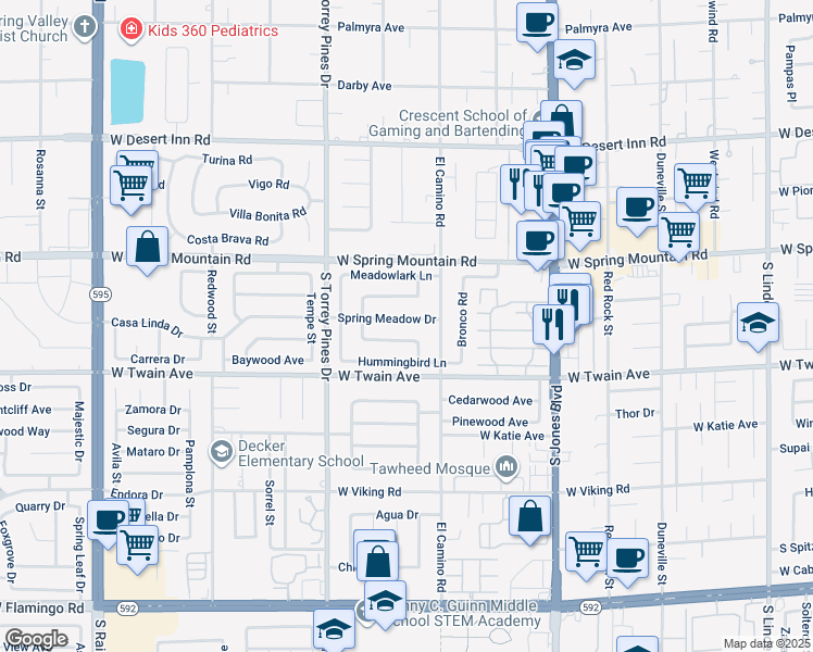 map of restaurants, bars, coffee shops, grocery stores, and more near 6357 Spring Meadow Drive in Las Vegas