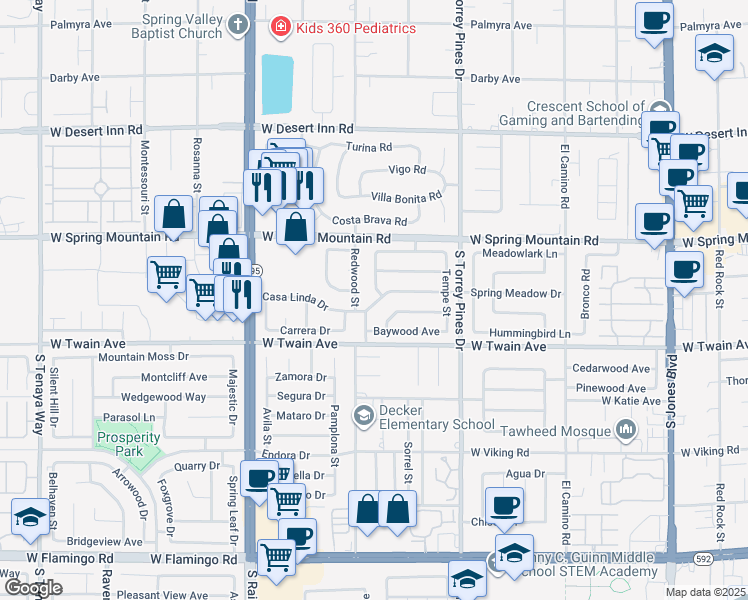 map of restaurants, bars, coffee shops, grocery stores, and more near 3611 Rosewood Street in Las Vegas
