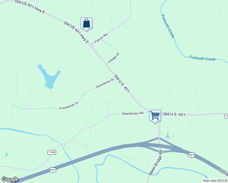 map of restaurants, bars, coffee shops, grocery stores, and more near 3404 Brookfield Lane in Yadkinville