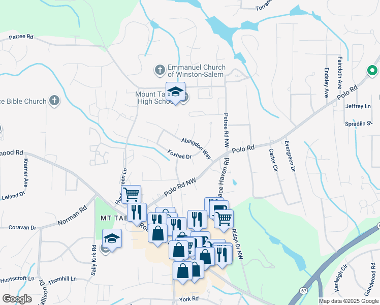 map of restaurants, bars, coffee shops, grocery stores, and more near 1170 Foxhall Drive in Winston-Salem