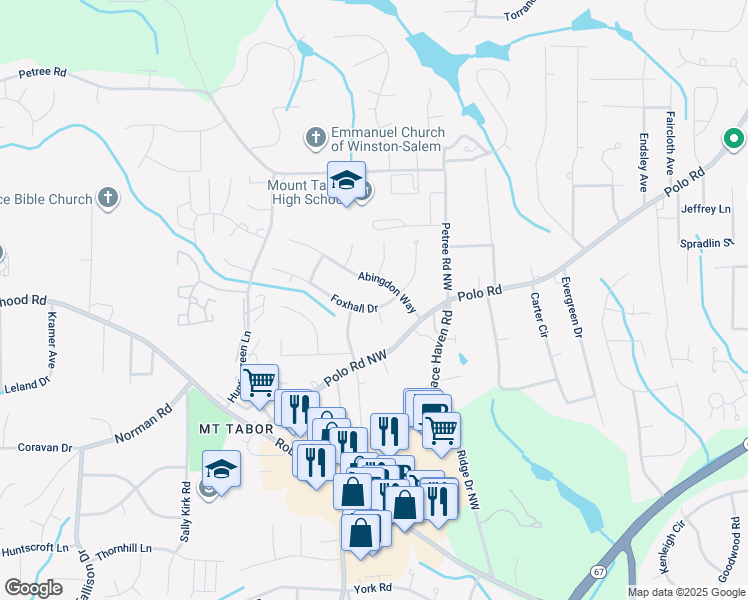 map of restaurants, bars, coffee shops, grocery stores, and more near 1170 Foxhall Drive in Winston-Salem