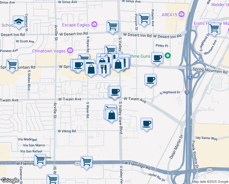 map of restaurants, bars, coffee shops, grocery stores, and more near 3663 South Valley View Boulevard in Las Vegas