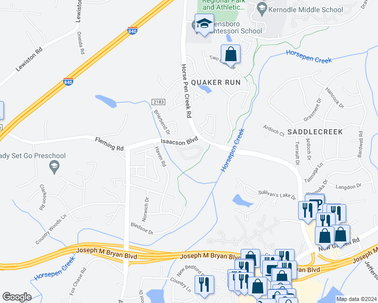 map of restaurants, bars, coffee shops, grocery stores, and more near 57 Tannenbaum Circle in Greensboro