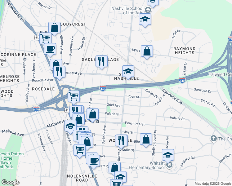 map of restaurants, bars, coffee shops, grocery stores, and more near 211 Rose Street in Nashville