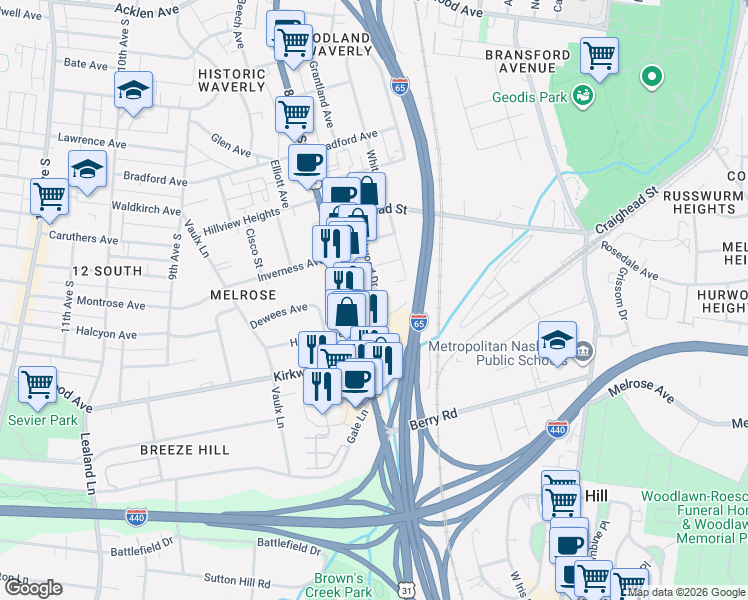 map of restaurants, bars, coffee shops, grocery stores, and more near 2729 Westwood Drive in Nashville