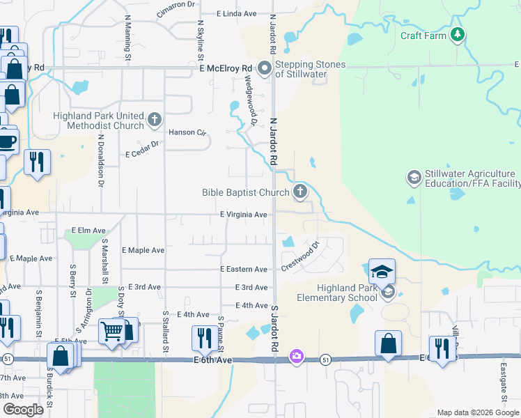 map of restaurants, bars, coffee shops, grocery stores, and more near 1901 East Virginia Avenue in Stillwater