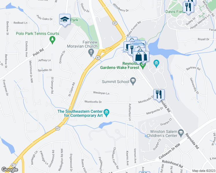 map of restaurants, bars, coffee shops, grocery stores, and more near 2740 Thornfield Road in Winston-Salem