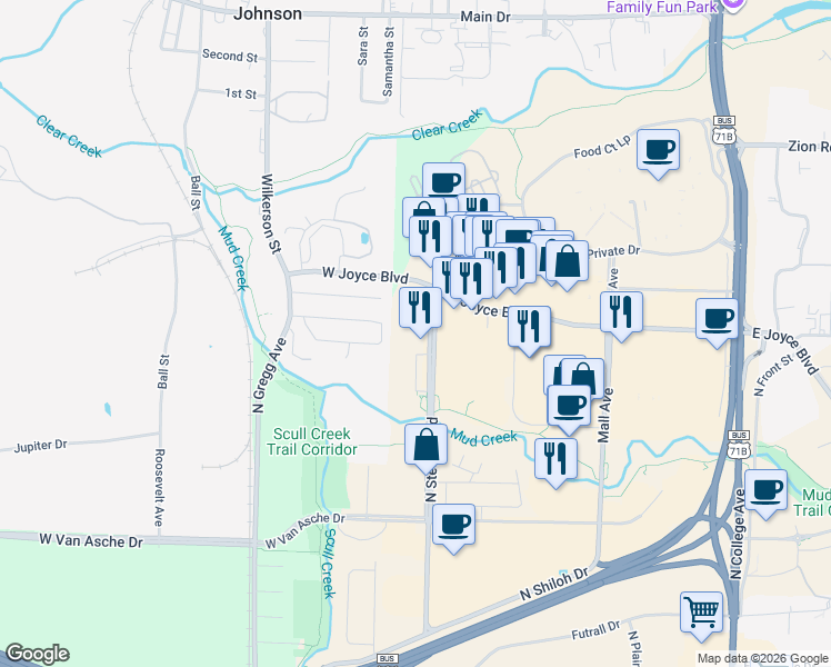 map of restaurants, bars, coffee shops, grocery stores, and more near 3959 North Steele Boulevard in Fayetteville