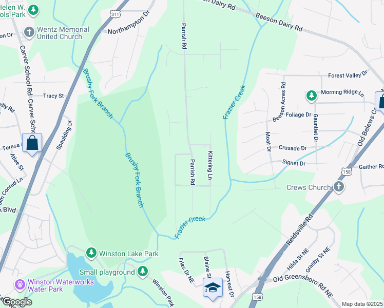 map of restaurants, bars, coffee shops, grocery stores, and more near Selkirk Drive in Winston-Salem