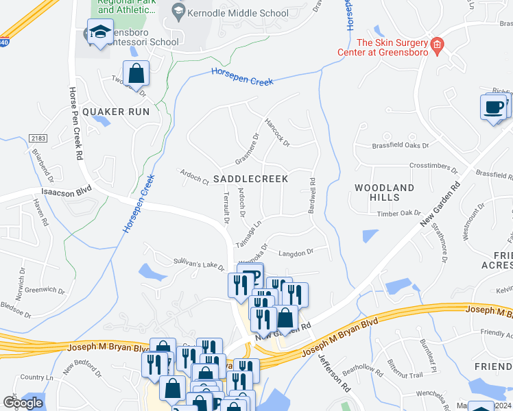 map of restaurants, bars, coffee shops, grocery stores, and more near 3005 Bannock Lane in Greensboro
