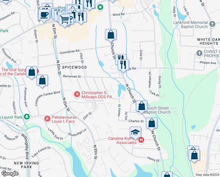 map of restaurants, bars, coffee shops, grocery stores, and more near 3701 Roseheim Court in Greensboro