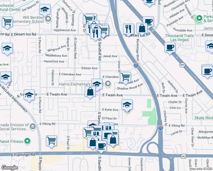 map of restaurants, bars, coffee shops, grocery stores, and more near 3620 South Sandhill Road in Las Vegas