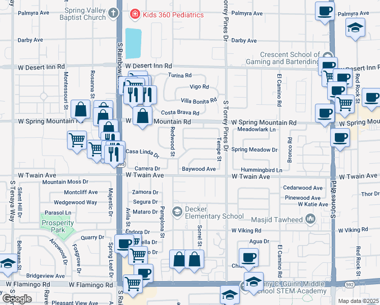 map of restaurants, bars, coffee shops, grocery stores, and more near 6675 Casa Linda Drive in Las Vegas