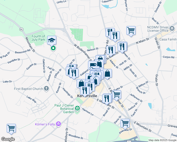 map of restaurants, bars, coffee shops, grocery stores, and more near 237 North Cherry Street in Kernersville