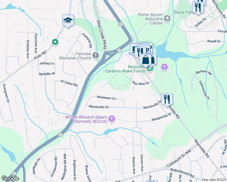 map of restaurants, bars, coffee shops, grocery stores, and more near 2740 Thornfield Road in Winston-Salem