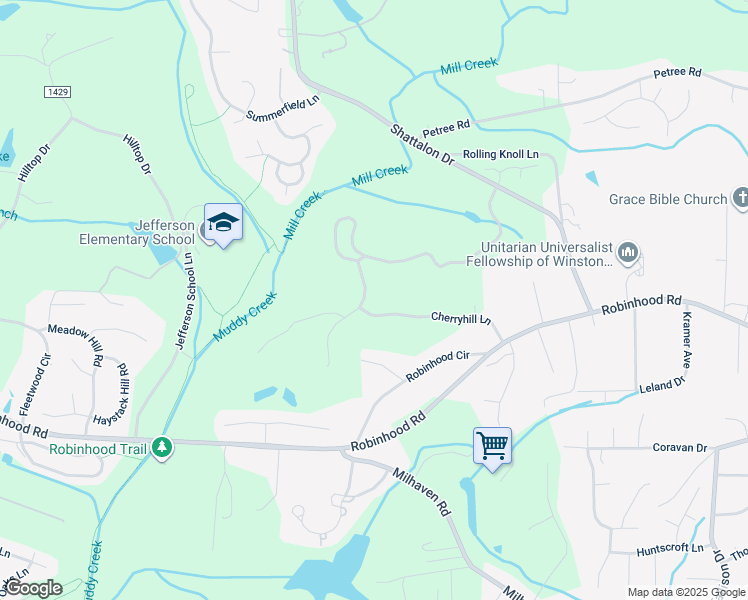 map of restaurants, bars, coffee shops, grocery stores, and more near 4600 Cherryhill Lane in Winston-Salem