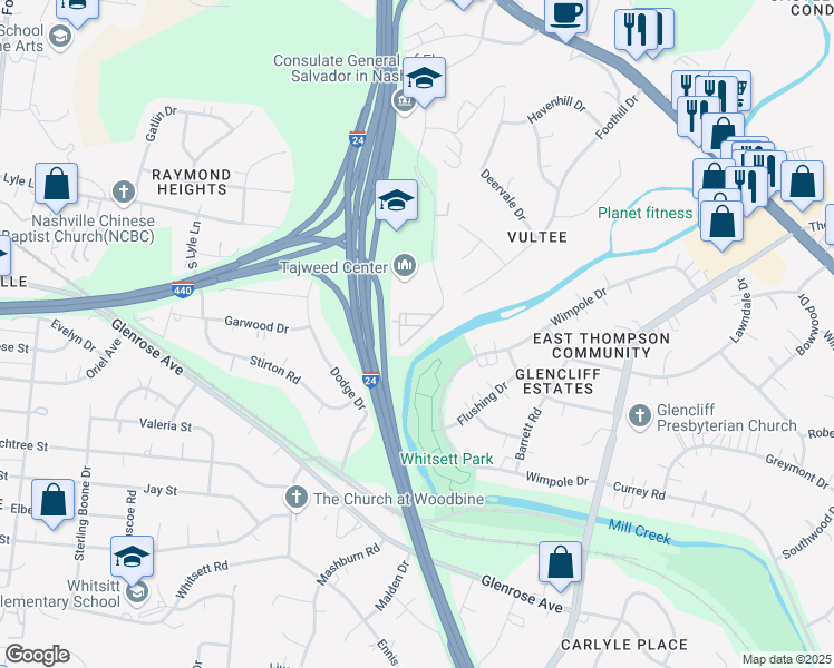 map of restaurants, bars, coffee shops, grocery stores, and more near 188 Plus Park Boulevard in Nashville