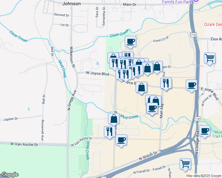 map of restaurants, bars, coffee shops, grocery stores, and more near 6696 South Julian Avenue in Fayetteville