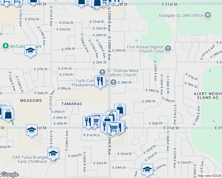 map of restaurants, bars, coffee shops, grocery stores, and more near 12903 East 28th Place in Tulsa