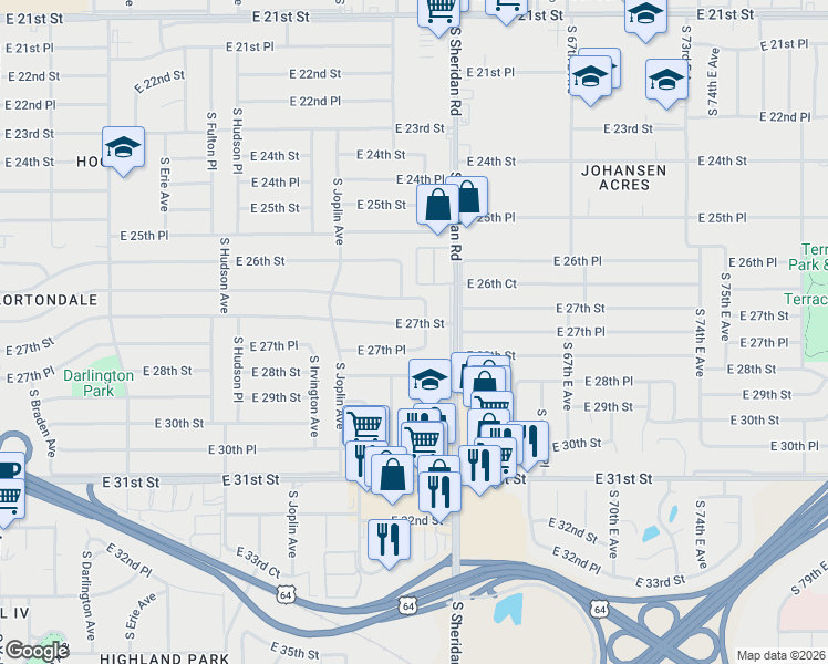 map of restaurants, bars, coffee shops, grocery stores, and more near 2717 South Norwood Avenue in Tulsa