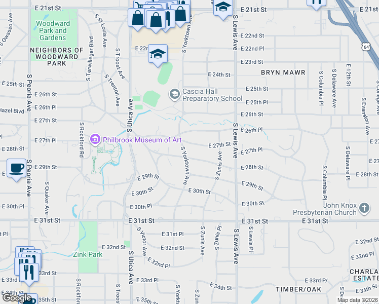 map of restaurants, bars, coffee shops, grocery stores, and more near 2802 South Yorktown Avenue in Tulsa