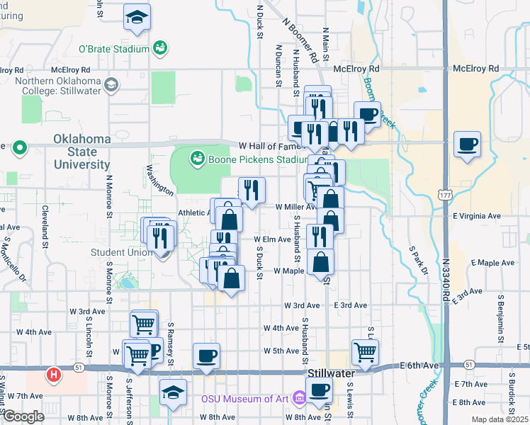 map of restaurants, bars, coffee shops, grocery stores, and more near 13 North Duncan Street in Stillwater