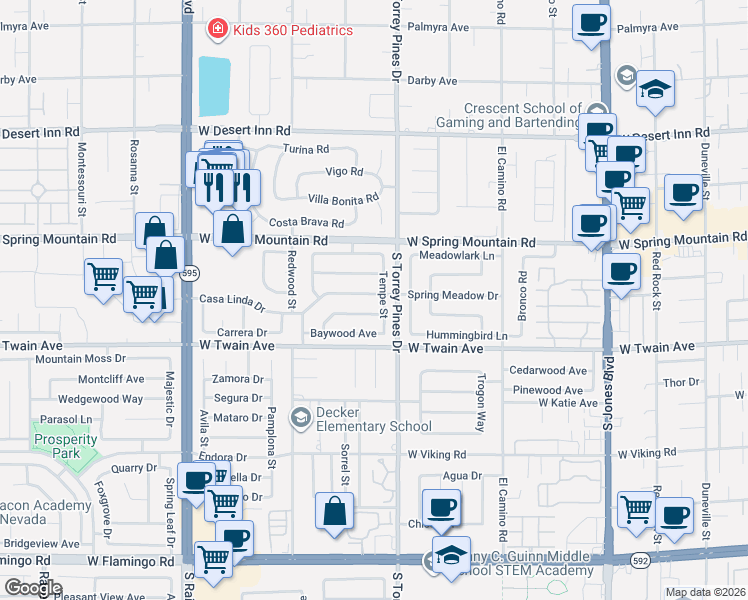 map of restaurants, bars, coffee shops, grocery stores, and more near 6545 Casa Linda Drive in Las Vegas