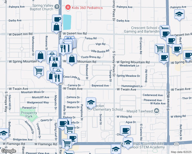 map of restaurants, bars, coffee shops, grocery stores, and more near 6675 Casa Linda Drive in Las Vegas