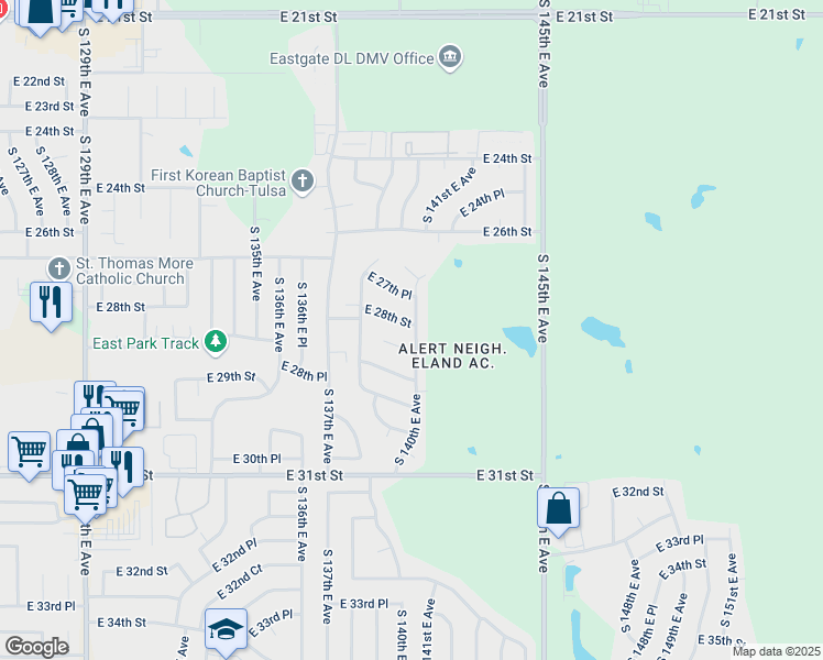 map of restaurants, bars, coffee shops, grocery stores, and more near 13908 East 28th Street in Tulsa