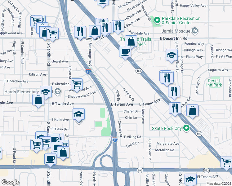 map of restaurants, bars, coffee shops, grocery stores, and more near 3629 Ruth Drive in Las Vegas