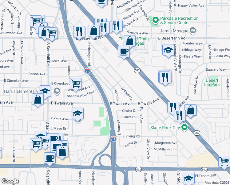 map of restaurants, bars, coffee shops, grocery stores, and more near 3629 Ruth Drive in Las Vegas