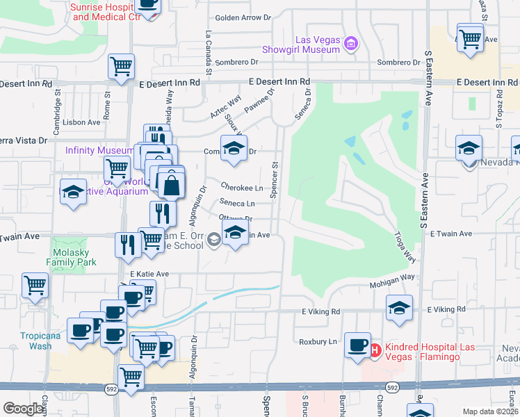 map of restaurants, bars, coffee shops, grocery stores, and more near 1725 Seneca Lane in Las Vegas