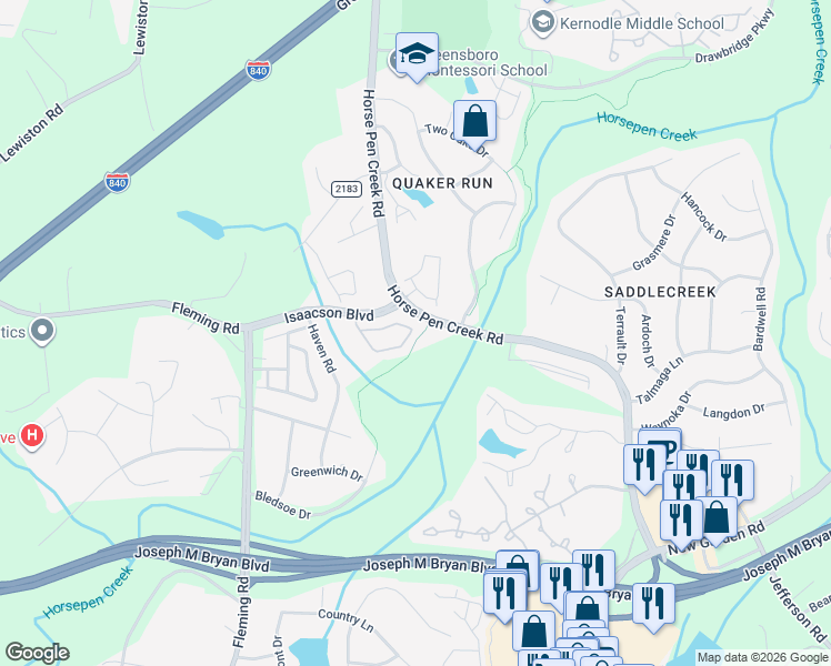 map of restaurants, bars, coffee shops, grocery stores, and more near 72 Tannenbaum Circle in Greensboro