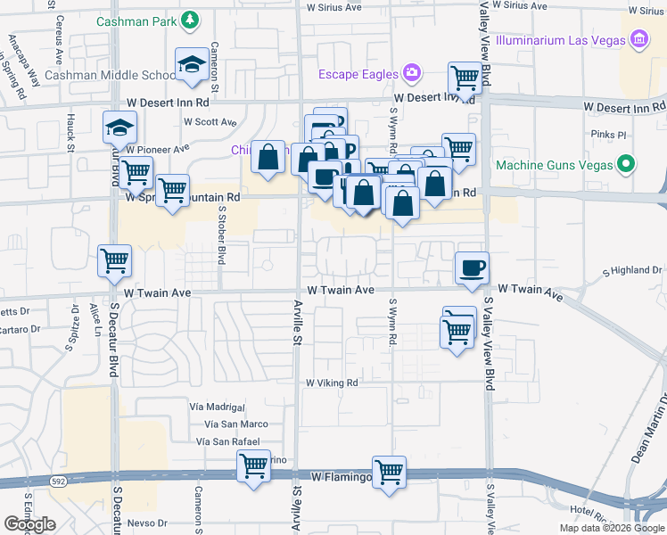 map of restaurants, bars, coffee shops, grocery stores, and more near 206 West Twain Avenue in Las Vegas