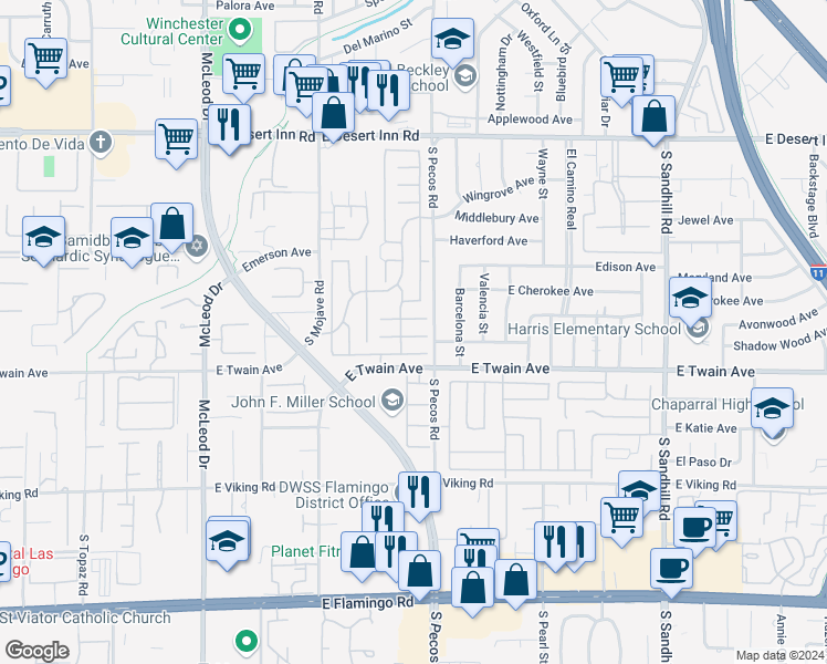 map of restaurants, bars, coffee shops, grocery stores, and more near 3364 Royce Court in Las Vegas