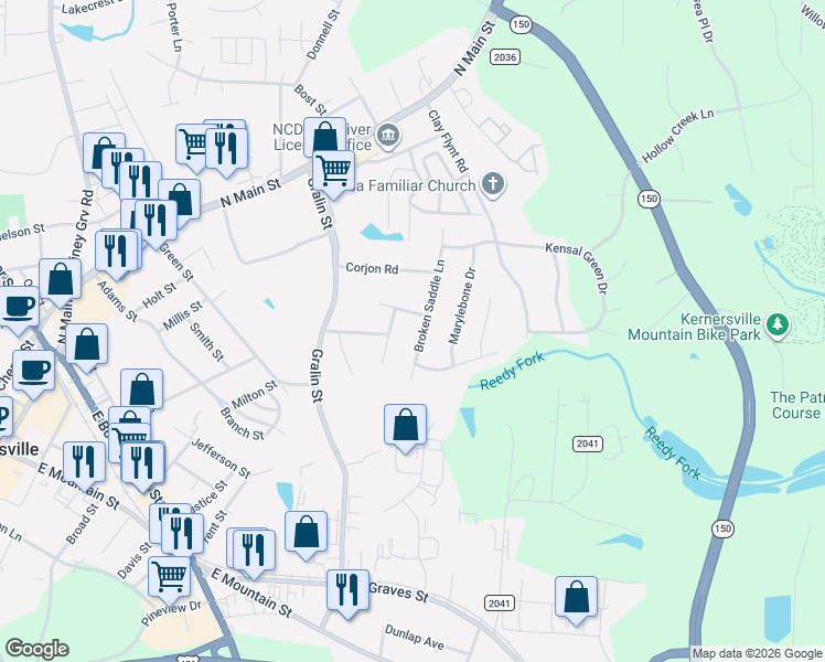 map of restaurants, bars, coffee shops, grocery stores, and more near 403 Tar Heel Lane in Kernersville